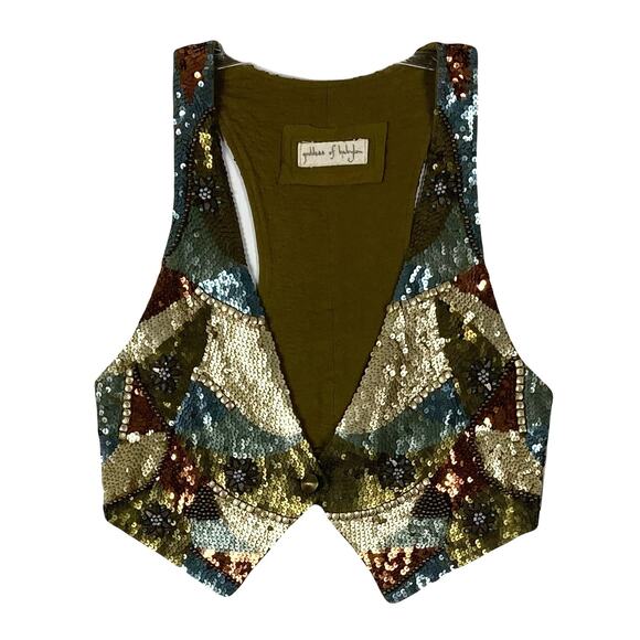 GODDESS OF BABYLON Vest Top S/M Sequins Beaded Gold Button Lined Rayon - Picture 1 of 12